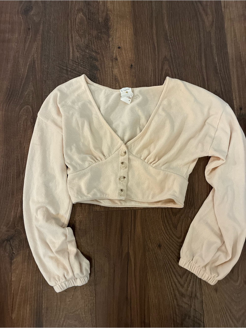 By Together Cream Cropped Button-Front V-Neck Top